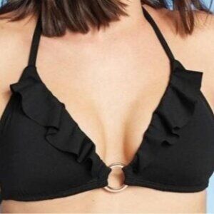 Shade & Shore Women's Front Ring Ruffle Bikini Top- Black - L (12-14)